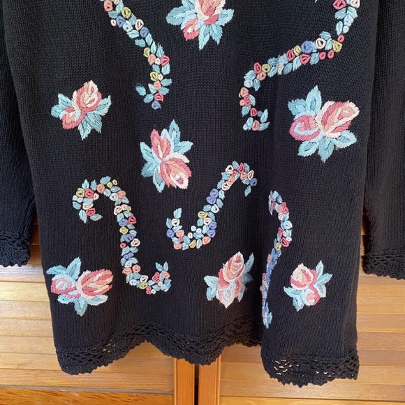 Vintage 90s Katie Lee Tunic Sweater Medium Cottagecore Knit Embroidered Floral - Picture 5 of 9
